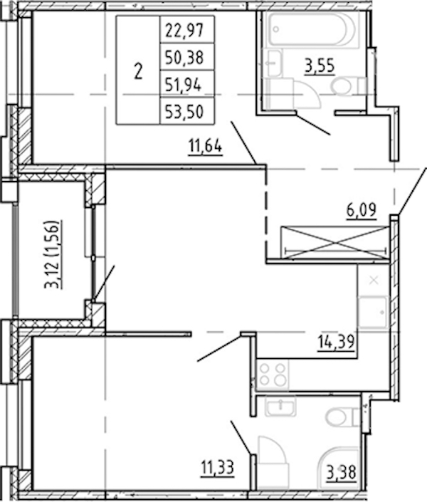 2-комнатная квартира 50.38 м², 3/12 эт., ЖК «Полис Новоселье»